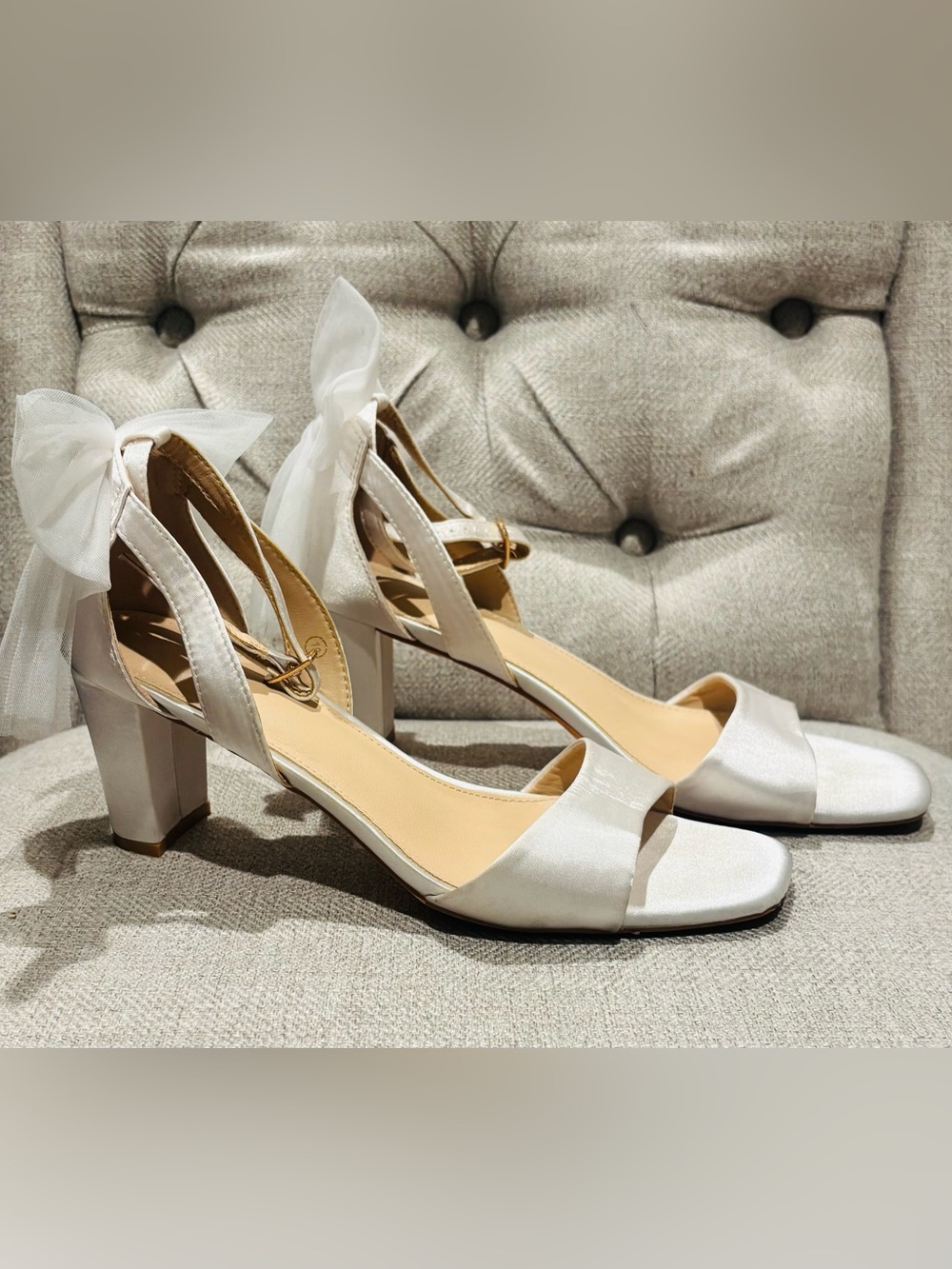 Amazon Satin Open-Toe Block Heel Sandals - White